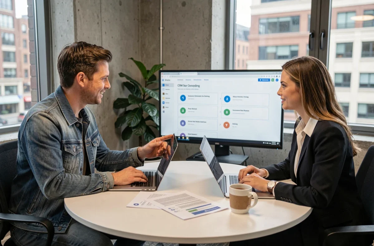 Deux collègues collaborant sur l'intégration d'une solution partenaires B2B dans leur CRM lors d'une réunion de travail