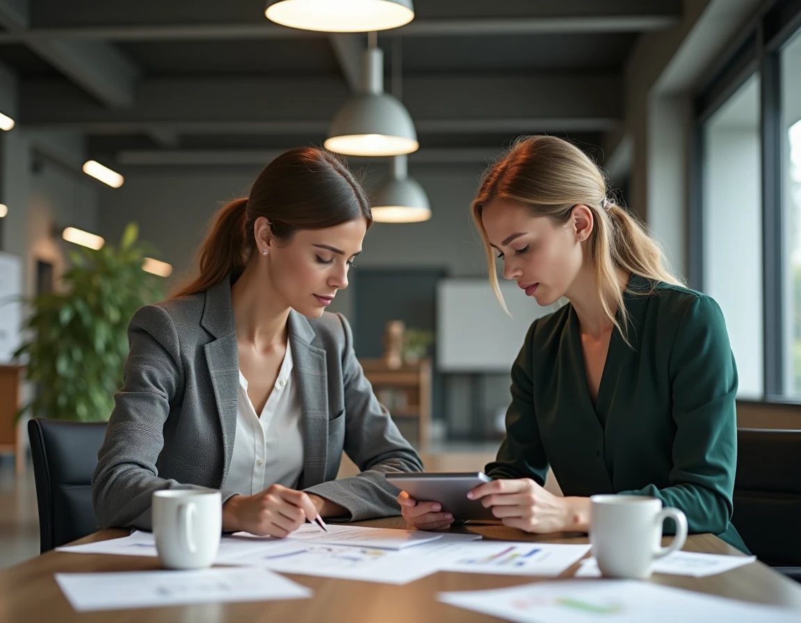 Deux entrepreneures industrielles collaborant sur une procédure de mémorandum dans un espace de travail industriel converti