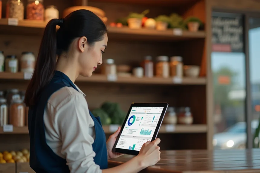 Commerçante utilisant un logiciel de gestion menlog si sur tablette dans une épicerie de proximité