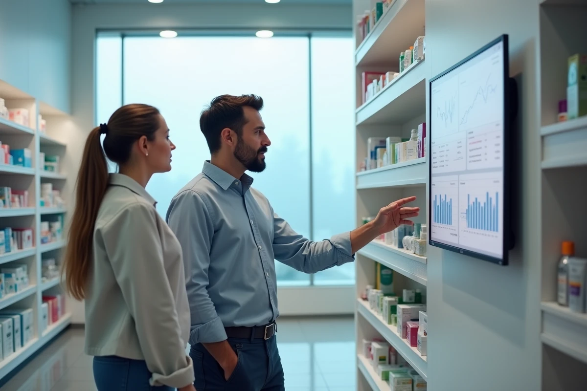 Deux commerçants consultant les statistiques de vente du logiciel menlog si dans une pharmacie
