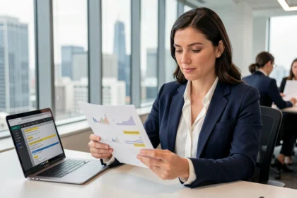 Femme professionnelle en blazer marine analysant ses objectifs commerciaux atteints sur des documents imprimés dans un bureau moderne