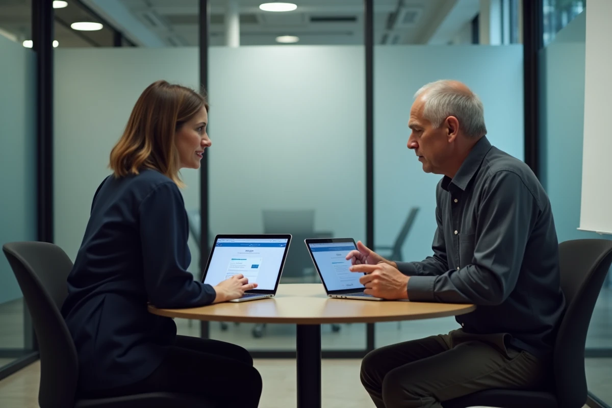 Deux collègues BNP Paribas comparant les interfaces Alis et myHR sur ordinateur portable et tablette en salle de réunion