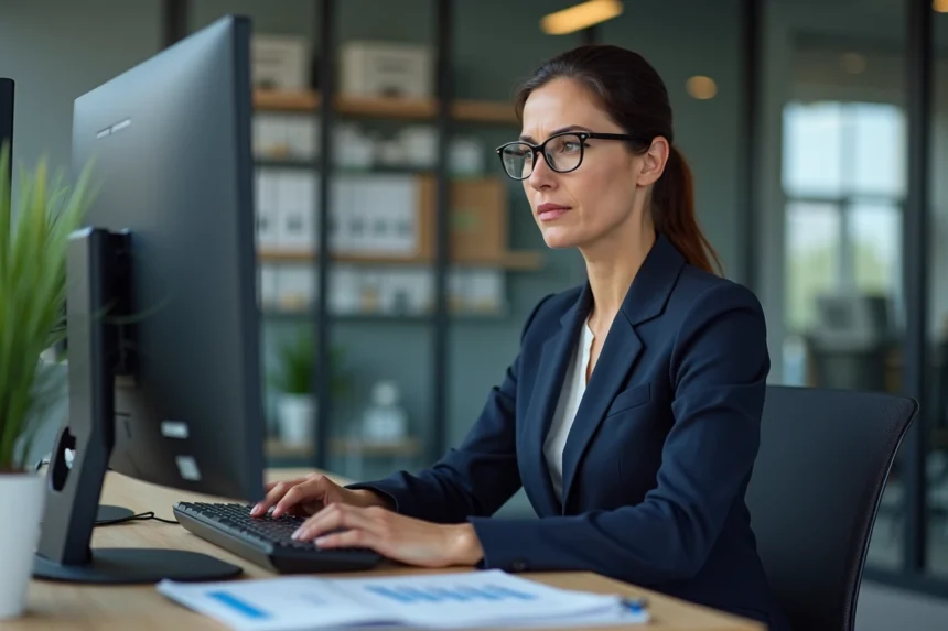Comptable femme dans un cabinet comptable occupé analysant des feuilles de calcul sur double écran avec une expression concentrée