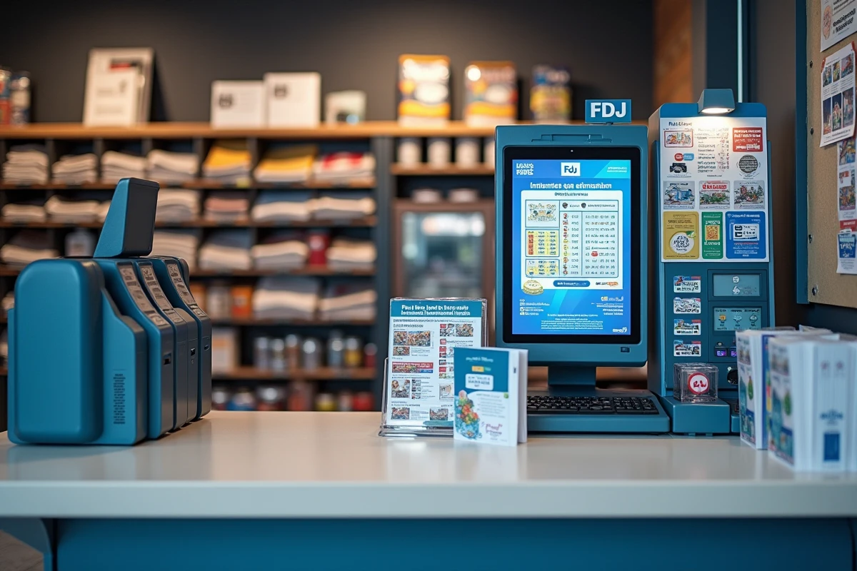 Vue d'ensemble du comptoir FDJ aménagé en espace Profession jeu avec terminaux et présentoirs