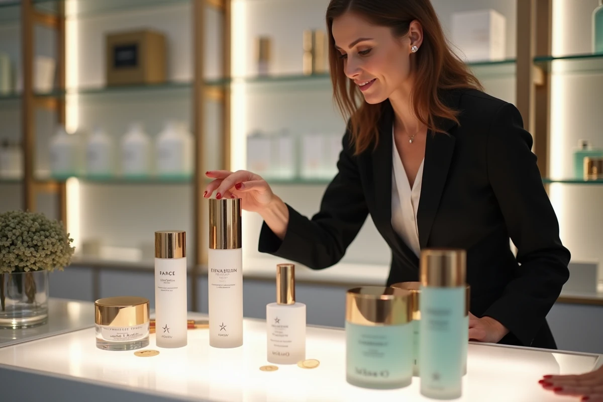 Conseillère beauté L'Oréal dans un magasin phare présentant des produits cosmétiques haut de gamme reflétant la stratégie commerciale de la marque