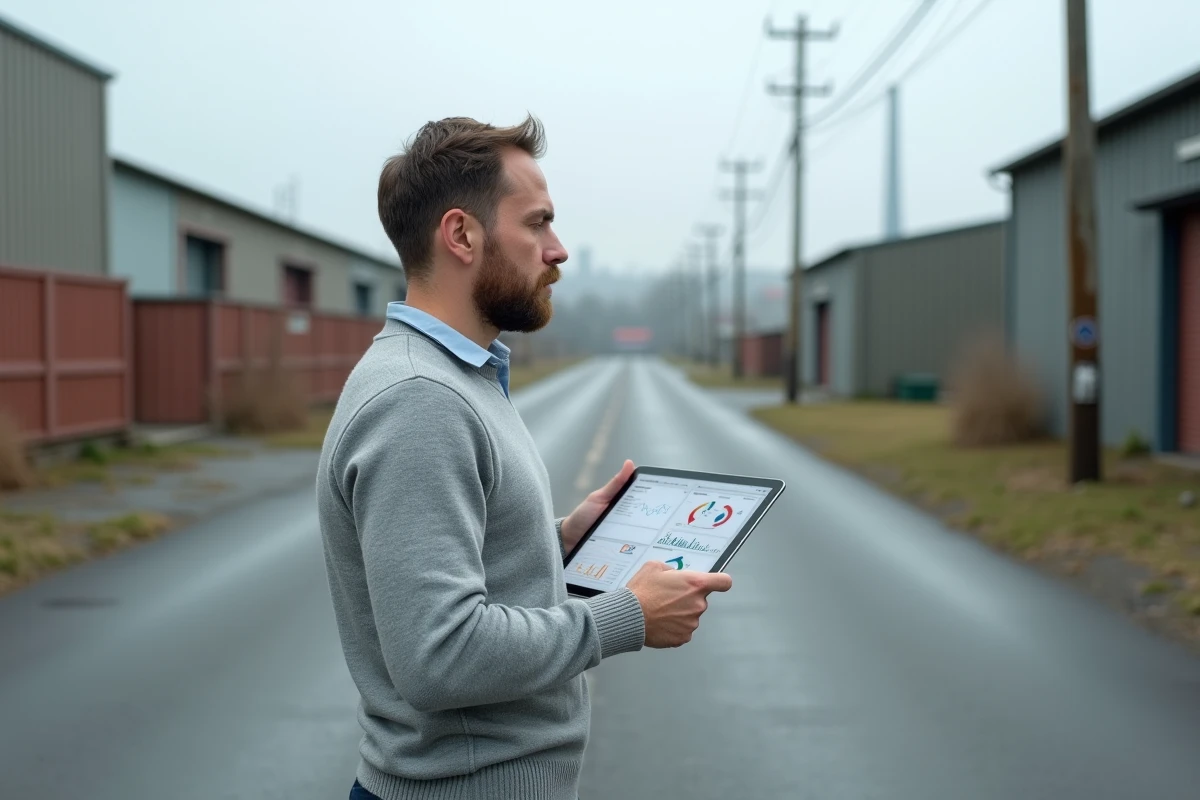 Homme consultant un tableau de bord économique territorial sur tablette dans une zone industrielle urbaine