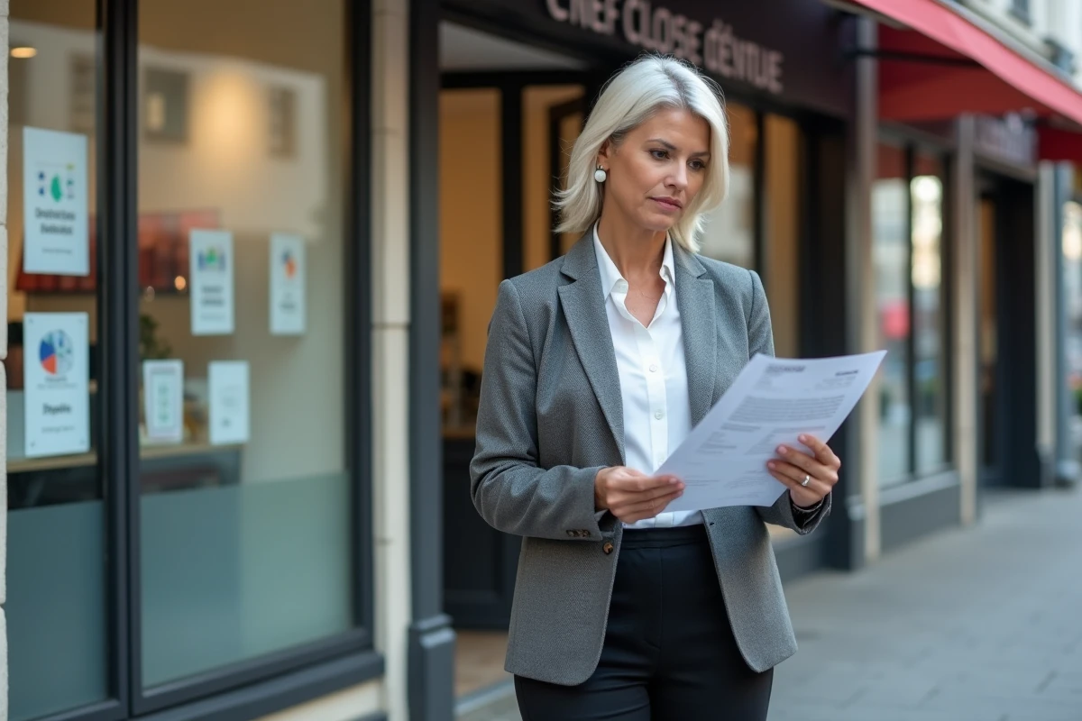 Consultante en commerce analysant des documents financiers devant des boutiques fermées en zone commerciale