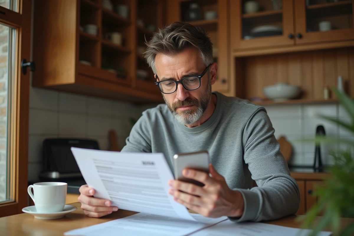 Homme consultant un document officiel d'immatriculation d'entreprise et un portail SIRET sur smartphone à domicile