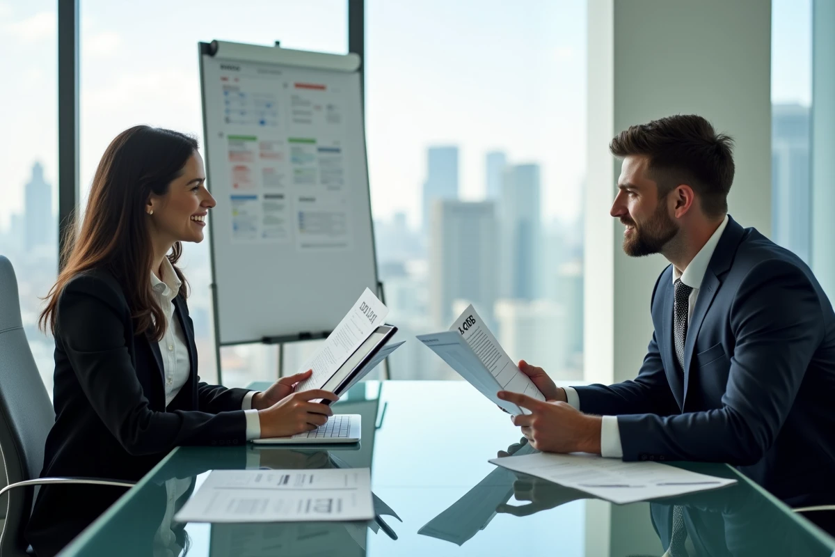 Deux professionnels B2B en consultation autour d'offres d'emploi spécialisées dans une salle de réunion moderne