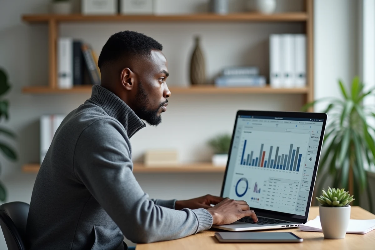 Un professionnel consultant des rapports CRM et tableaux de bord décisionnels sur laptop depuis un bureau à domicile