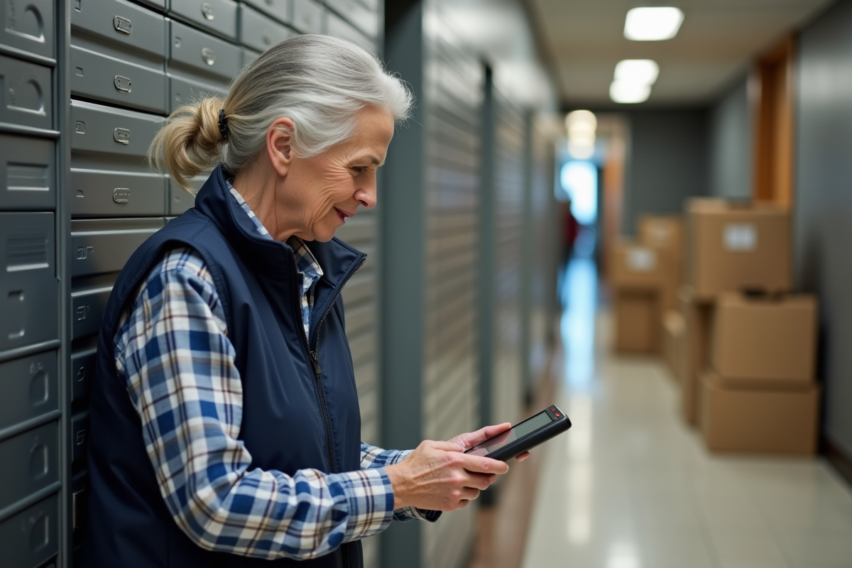 Employée de livraison scannant un colis près des boîtes aux lettres