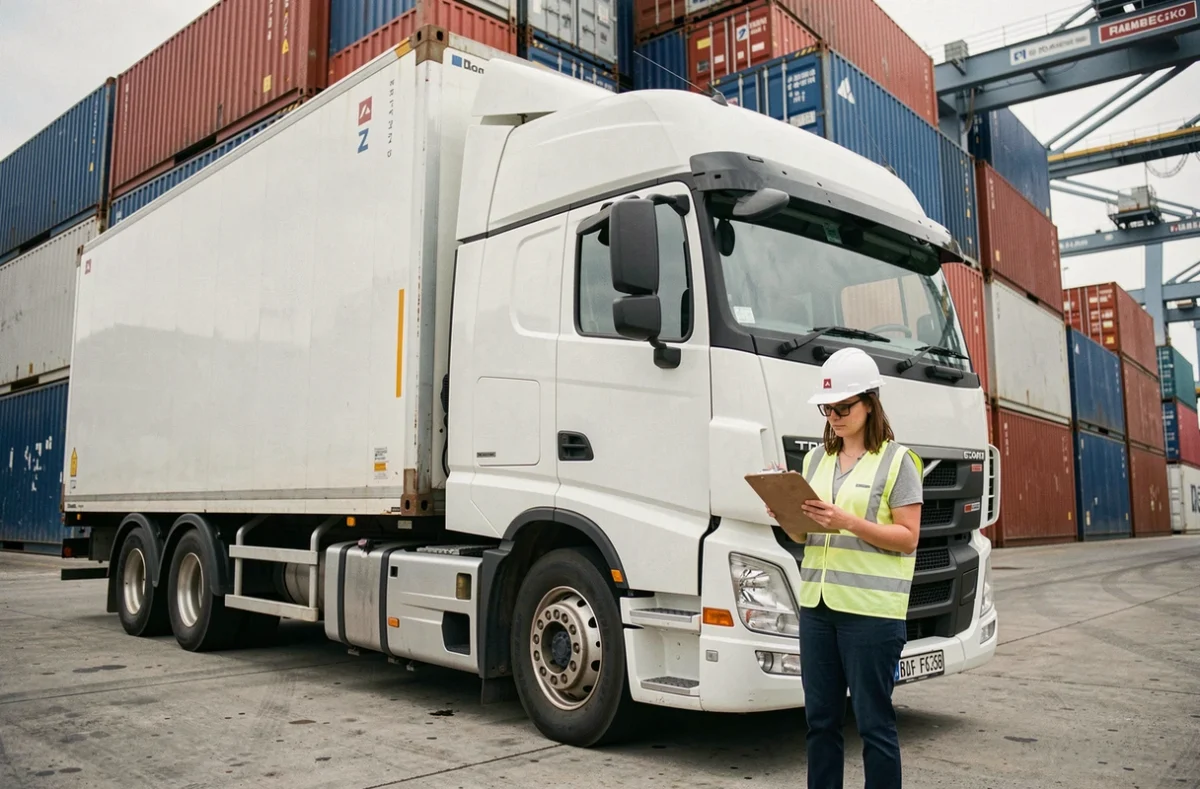 Coordinatrice logistique devant un camion semi-remorque dans un terminal de fret intermodal européen