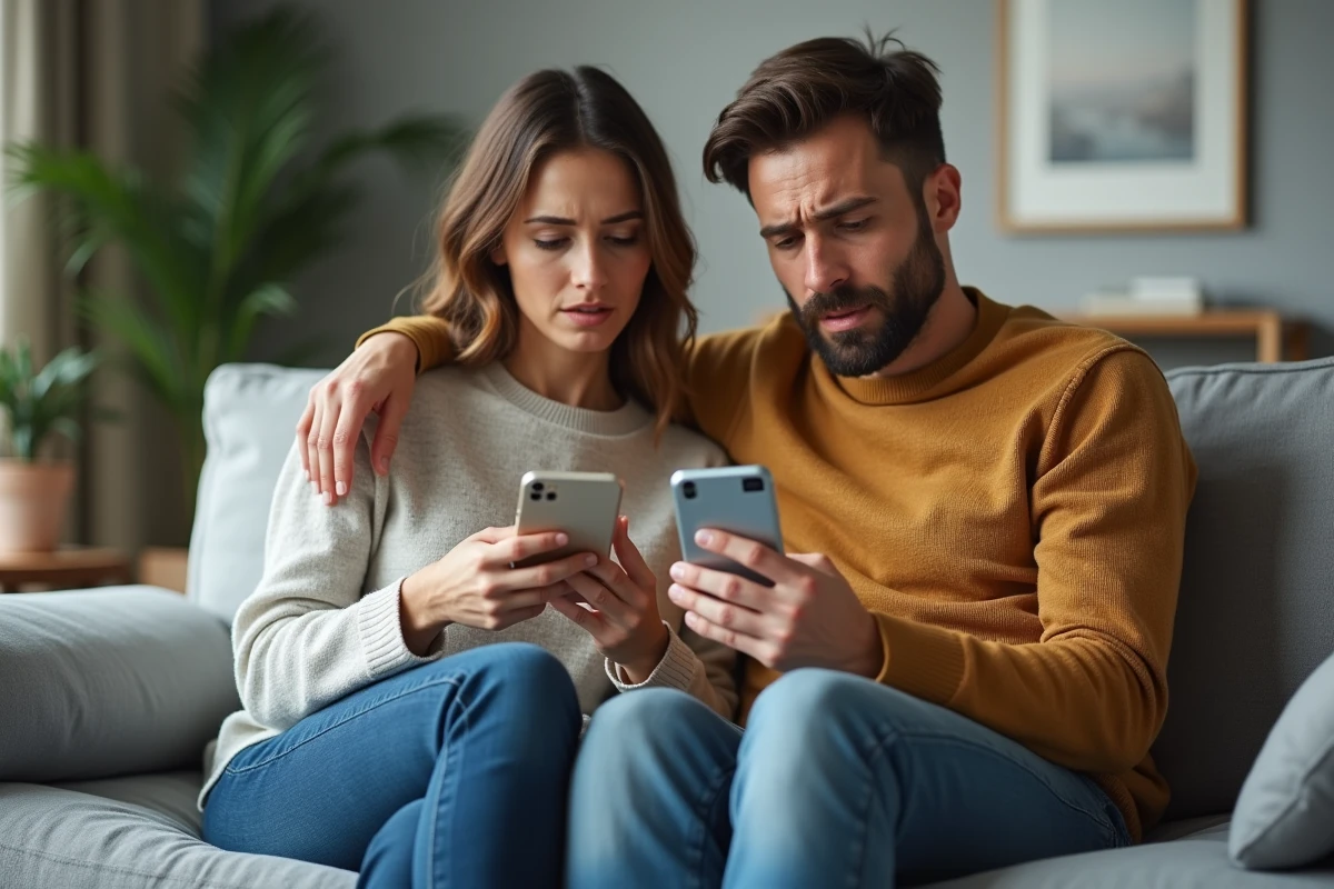 Couple inquiet consultant une application bancaire sur smartphone pour comprendre un prélèvement inconnu de Bozullhuizas Partners Ltd