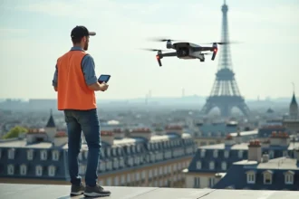 Jeune coursier avec drone sur un toit parisien