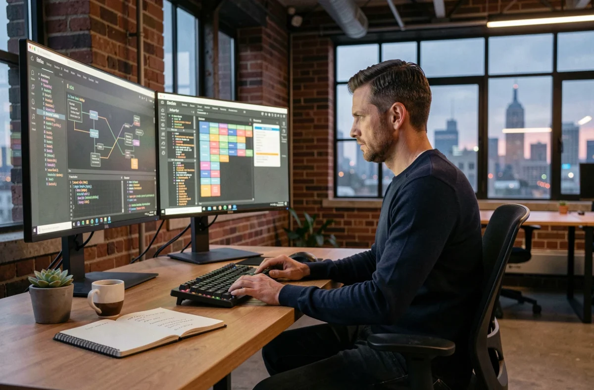 Data engineer concentré sur une architecture data pipeline dans un espace de coworking parisien en préparation pour 2026