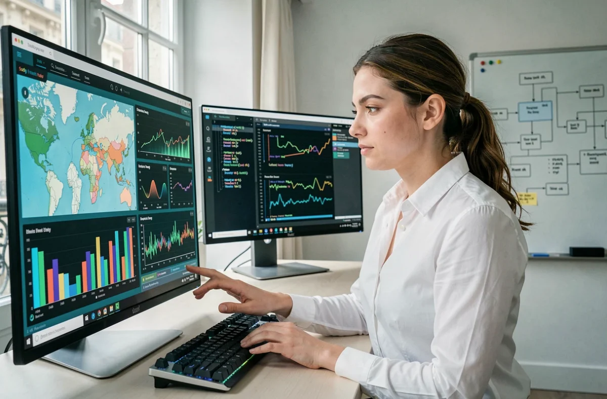 Analyste data de l'agence DATASOLUTION Paris examinant des tableaux de bord de visualisation de données en temps réel