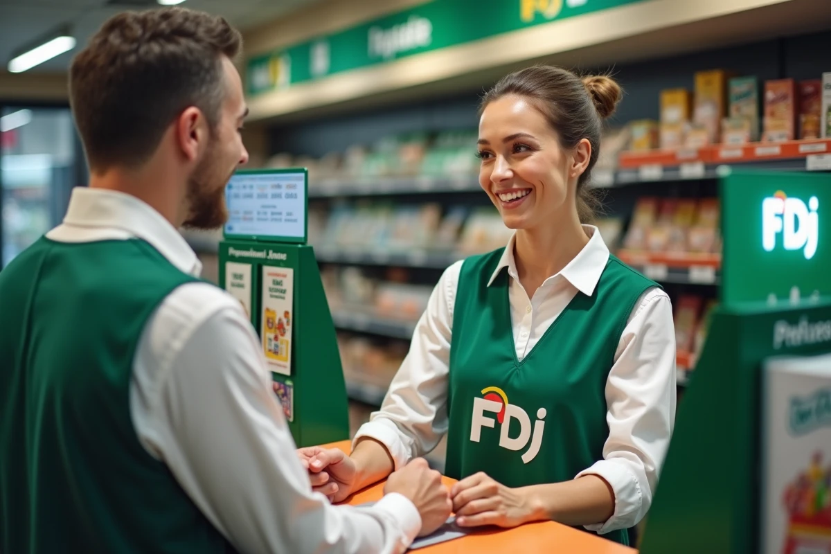 Détaillante FDJ conseillant un client devant le terminal de jeu Profession jeu en magasin