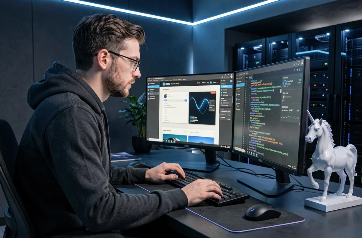 Développeur web et blockchain de l'agence Digital Unicorn travaillant sur un site web moderne et un tableau de bord de transactions blockchain