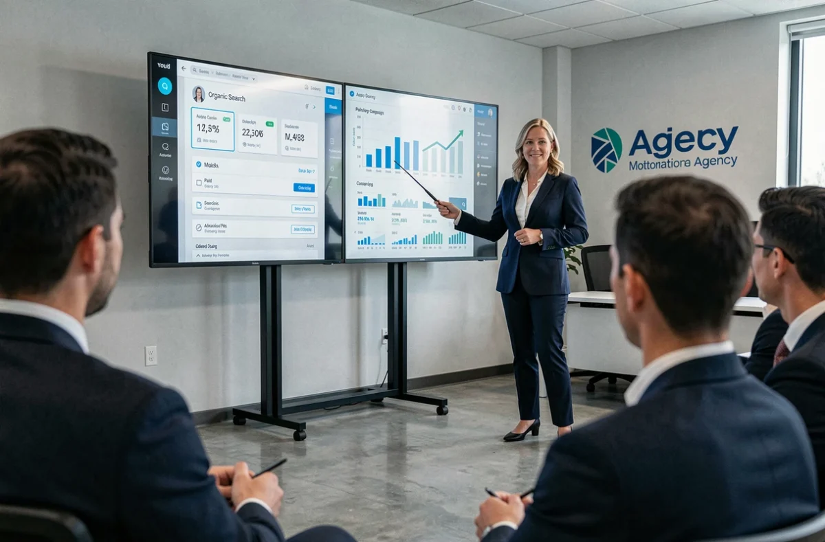 Consultante de Digit'All Consulting présentant une stratégie de référencement naturel et payant à des clients dans une salle de réunion