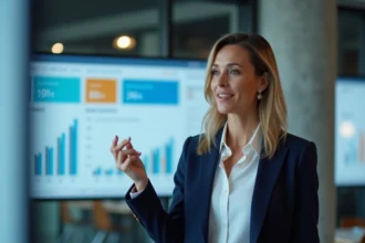 Directrice marketing présentant une stratégie de communication de marque dans une agence moderne