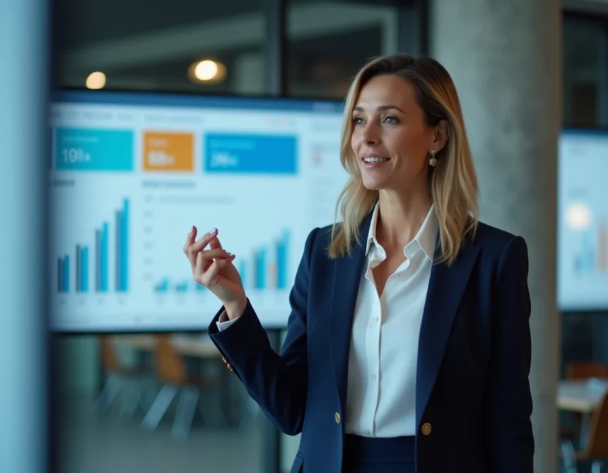 Directrice marketing présentant une stratégie de communication de marque dans une agence moderne
