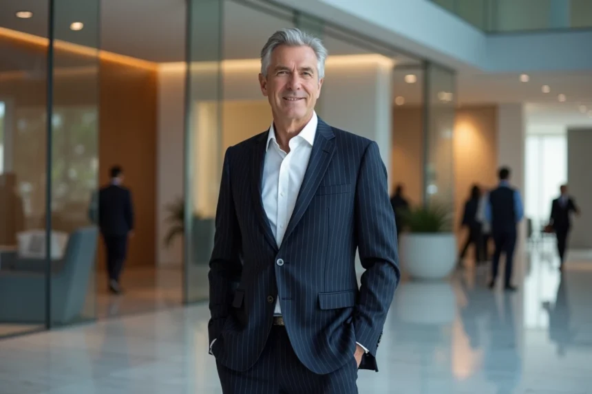 Dirigeant exécutif de L'Oréal dans le hall d'un siège social moderne illustrant la stratégie de leadership de Nicolas Hieronimus