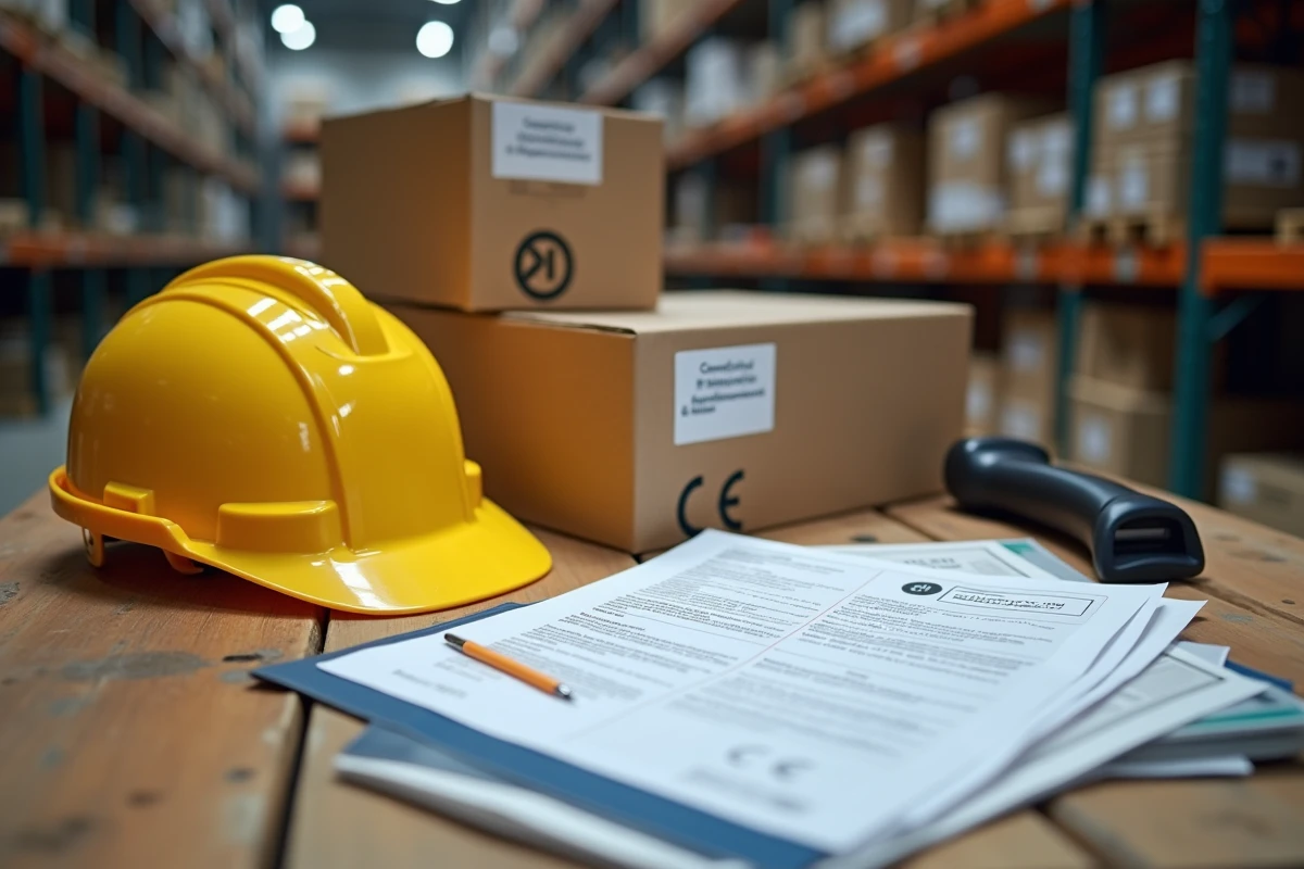 Documents de certification CE et boîtes d'exportation estampillées sur une table d'entrepôt logistique pour expédition vers la Chine