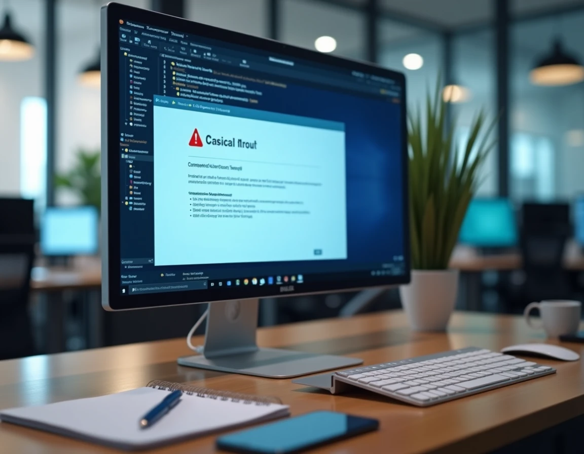 Écran d'ordinateur affichant une erreur de connexion sur un portail de sécurité avec un bloc-notes de dépannage posé sur le bureau