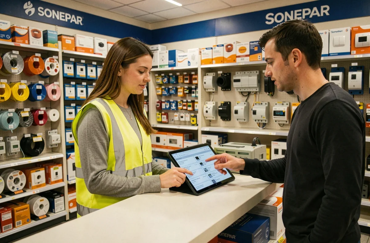 Électricienne professionnelle au comptoir d'une agence Sonepar Select avec un conseiller commercial présentant des références produits