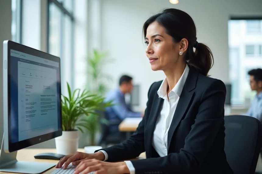 Employée BNP Paribas naviguant sur une interface RH sur ordinateur de bureau dans un bureau moderne