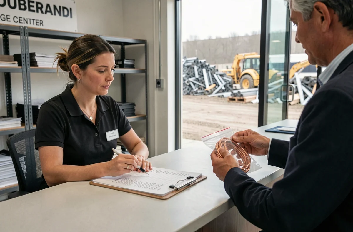 Employée d'un centre de rachat de métaux consultant la grille de prix ferraille du cuivre face à un vendeur particulier