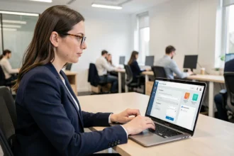 Employée RH utilisant un espace RH en ligne sur son ordinateur portable dans un bureau moderne
