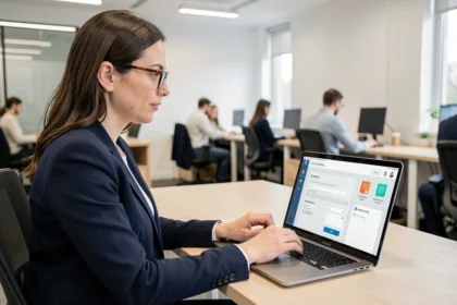 Employée RH utilisant un espace RH en ligne sur son ordinateur portable dans un bureau moderne