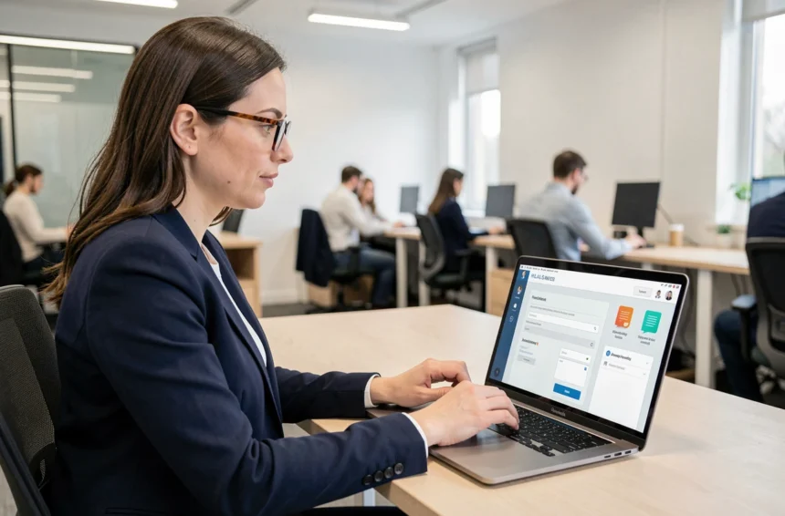 Employée RH utilisant un espace RH en ligne sur son ordinateur portable dans un bureau moderne