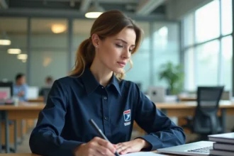 Employée de La Poste en uniforme consultant ses compteurs d'heures et son planning de congés sur un bureau administratif