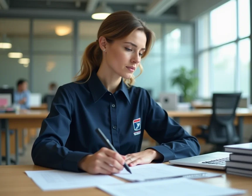 Employée de La Poste en uniforme consultant ses compteurs d'heures et son planning de congés sur un bureau administratif