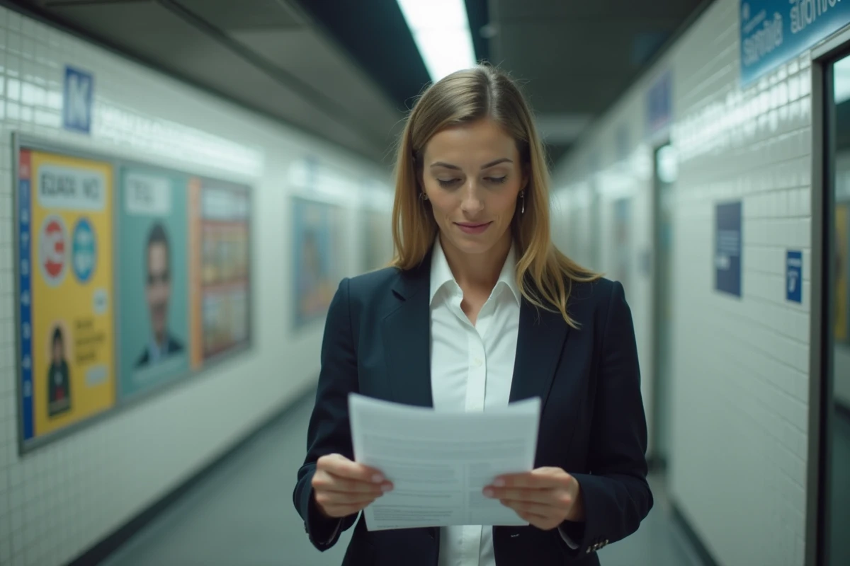 Employée RATP consultant un document syndical dans une station de métro parisienne