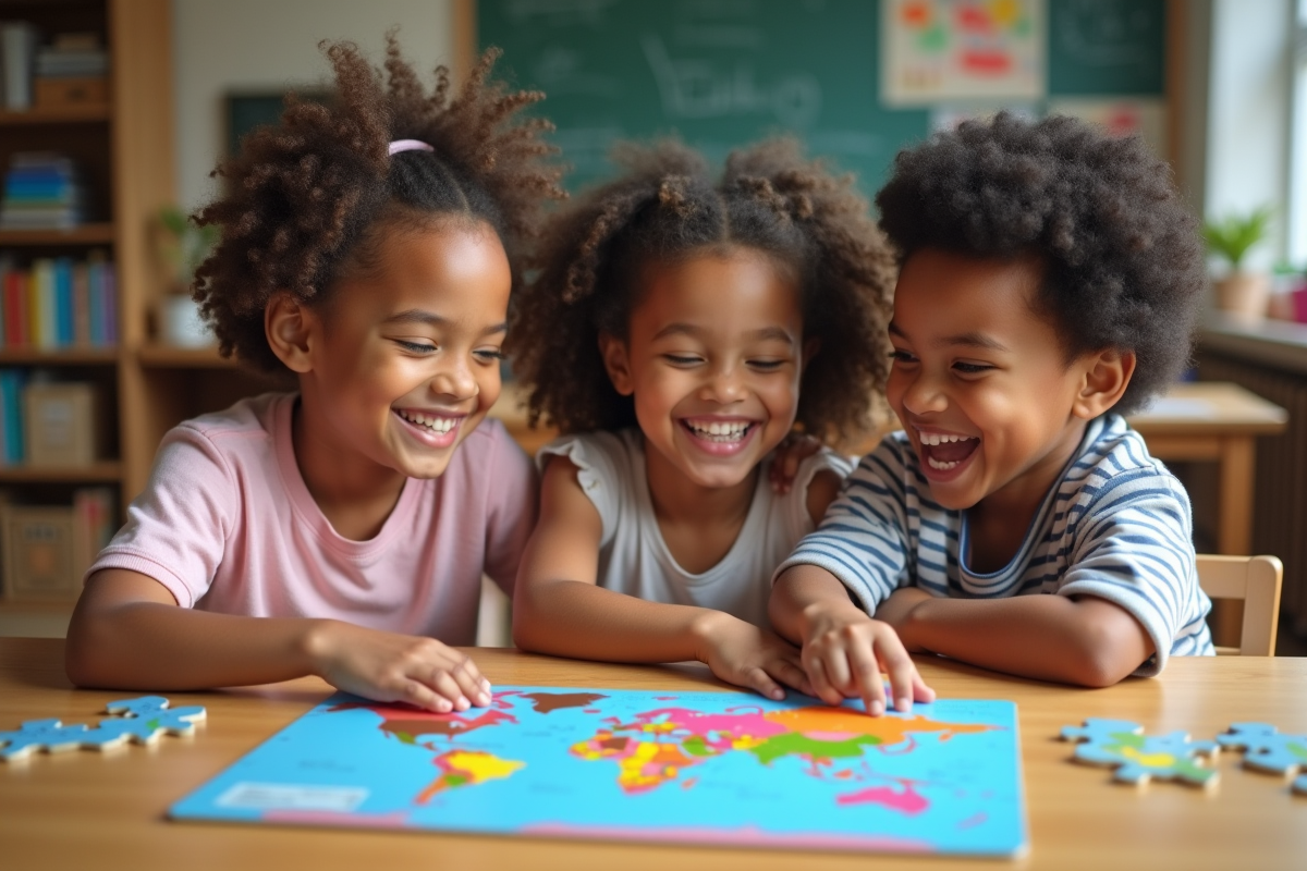 Trois enfants de différentes origines jouant avec un puzzle du monde