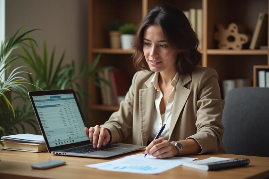 Femme entrepreneur en micro-entreprise consultant des documents d'aides financières à son bureau à domicile