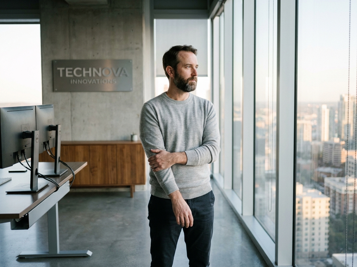 Entrepreneur en bureau privatif en hauteur contemplant la skyline urbaine depuis un bureau standing desk