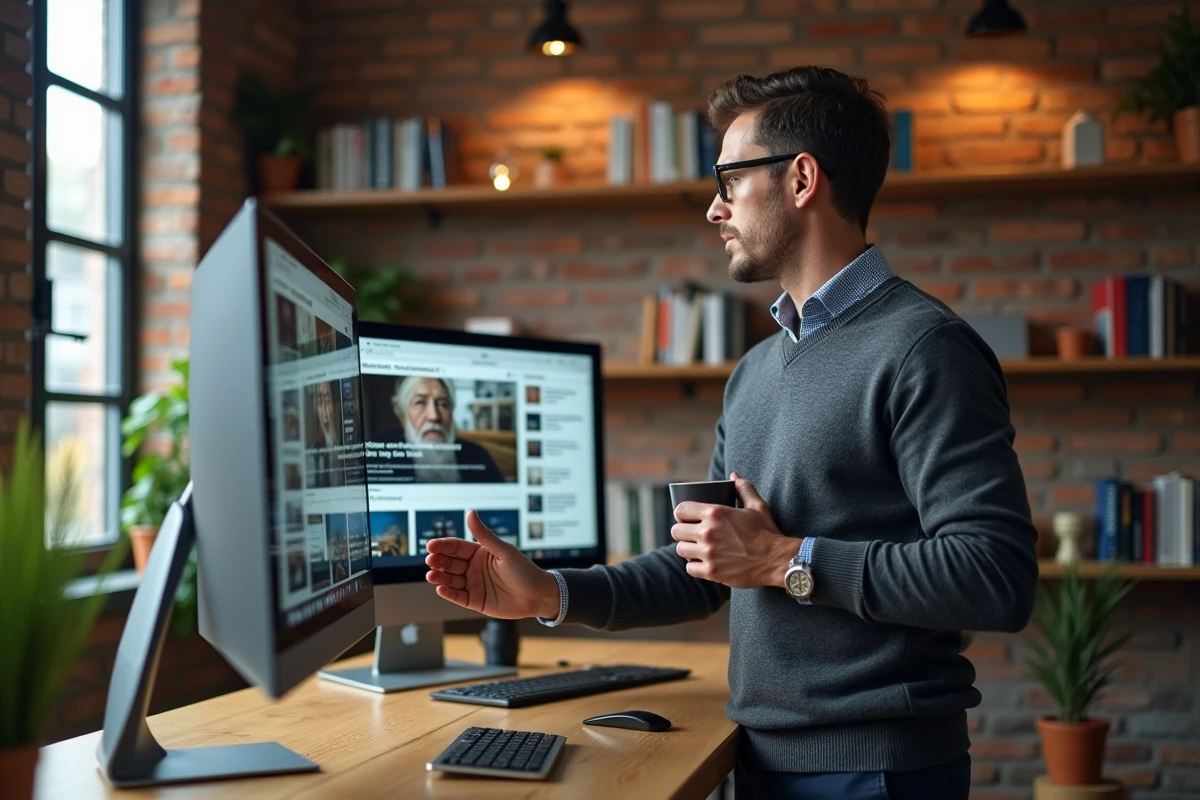 Entrepreneur consultant évaluant la fiabilité d'un site de veille business depuis son bureau à domicile