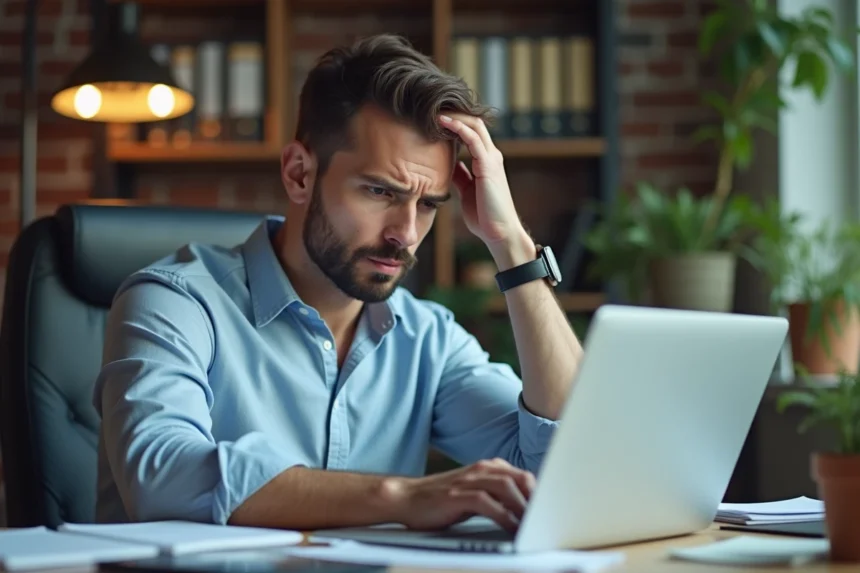 Entrepreneur frustré face à une facture élevée d'outils IA sur son ordinateur portable au bureau