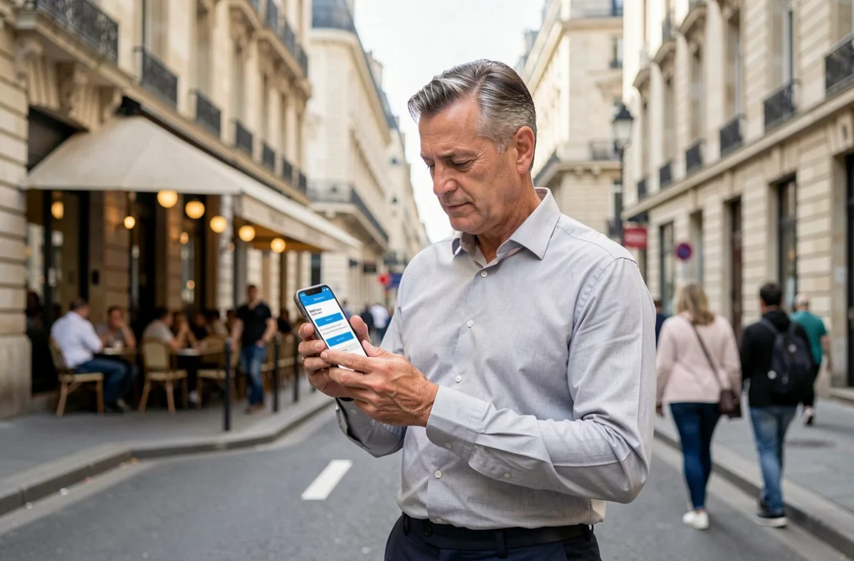 Entrepreneur consultant consultant les dates d'inscription gratuites LesEntreprisesFrenchy 2026 sur son smartphone dans une rue parisienne