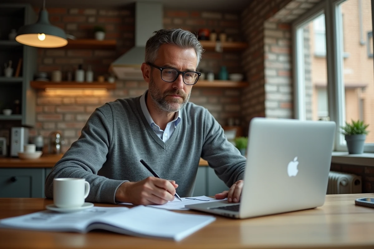 Entrepreneur prenant des notes critiques sur un magazine business depuis son domicile