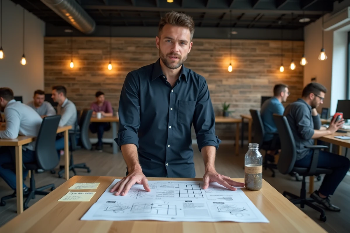Jeune entrepreneur présentant son plan d'affaires dans un espace de coworking moderne