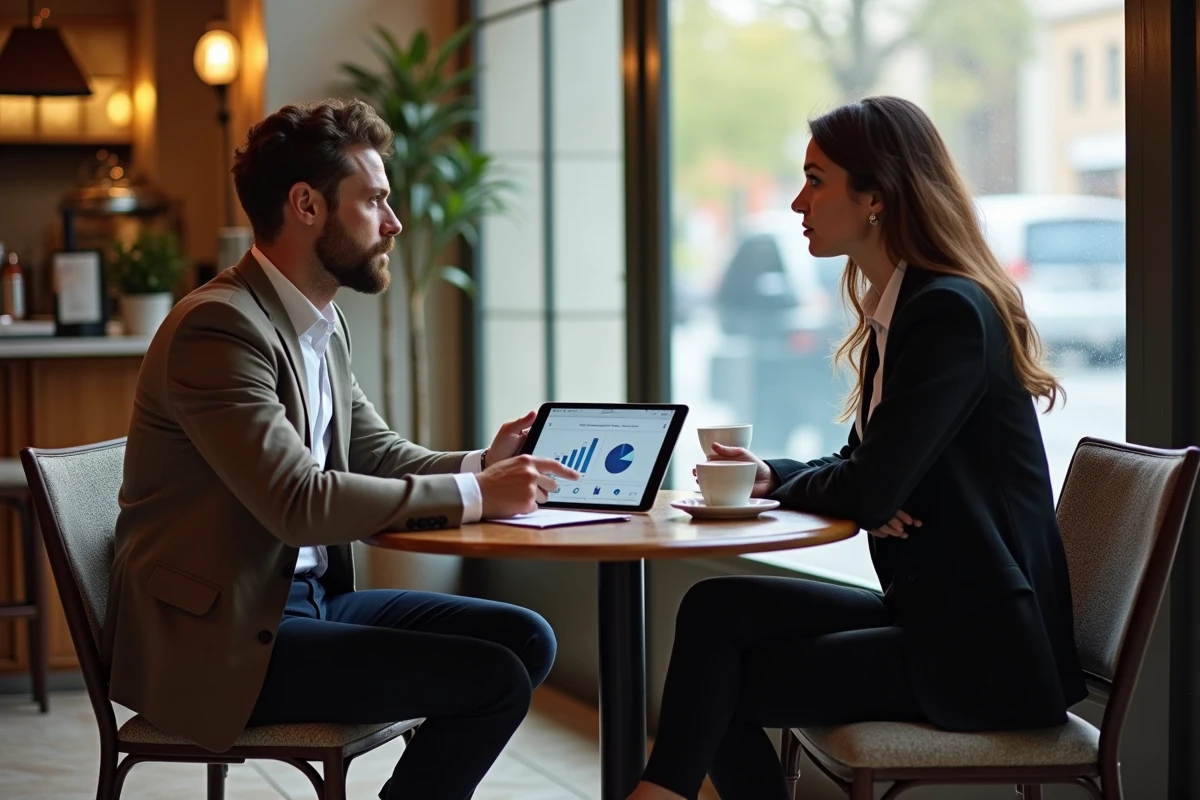 Deux entrepreneurs discutant d'une stratégie de création d'entreprise autour d'une tablette dans un café