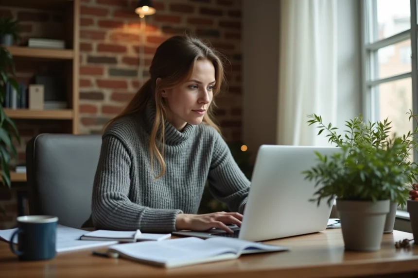 Entrepreneuse travaillant sur son side project depuis son bureau à domicile avec documents et ordinateur portable