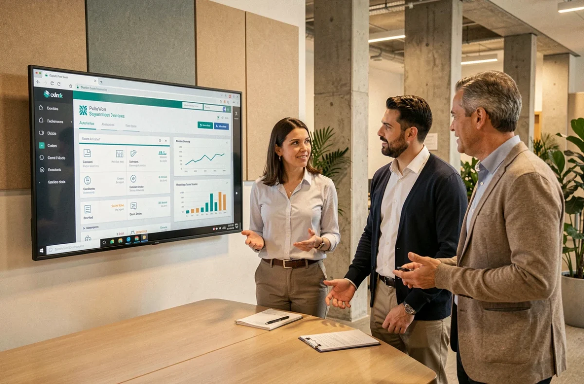 Équipe d'agents publics en réunion autour d'un portail numérique métier affiché sur écran interactif