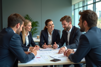 Groupe de professionnels examinant des documents ISO 50001