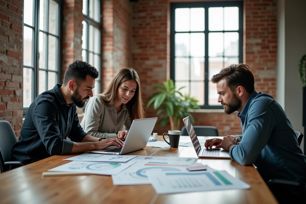 Groupe de trois personnes collaborant dans un loft urbain
